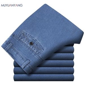 Mu Yuan Yang Jeans Man w średnim wieku dżinsowe jeansy swobodne środkowe talia luźne długie spodnie męskie dżinsy klasyczne duże rozmiar 40 41 201128