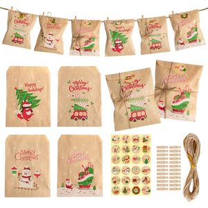 24 Set Sacchetti regalo di buon Natale Babbo Natale Albero di Natale Sacchetti di carta Kraft Sacchetti di bomboniere Yeart con numero adesivo 220420