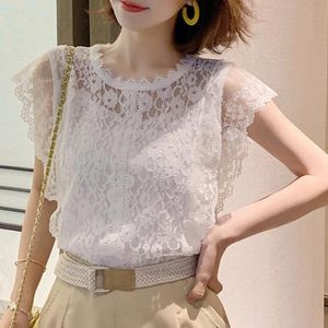 Women's Blouses & Shirts Black White Blouse Women Casual Basic Sleeveless Lace Tops Hollow Out Womens And Ruffles Shirt Female 248