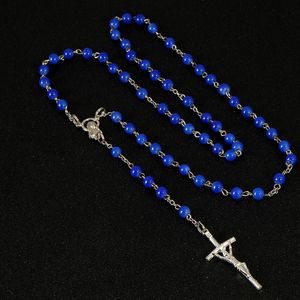 Naszyjniki wiszące 6 mm niebieskie perełki perłowe Naszyjnik Rosary Cross Virgin Mary Center Akcesoria chrześcijański katolicki biżuteria religijna