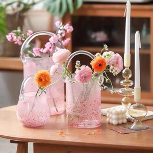 Vases Pink Pail Glass Handbag Home Decor Flower Vase Decoration Piece Creative Internet Celebrity INS Wind Hydroponic