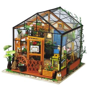 Robotime Miniature Dollhouse DIY Dollhouse with doll house furniture Light Gift for Children Adults Kathy's Flower House LJ201126