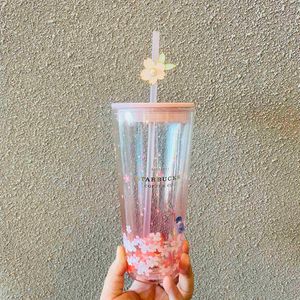 Sing Pink venda por atacado-Starbucks Cup Flor De Cerejeira Temporada ml Pássaro Cantando e Flor Fragrância Rosa Transparente Copo de Palha De Vidro Duplo