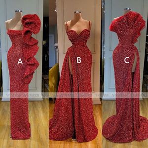 Wholesale plus size little mermaid shirt resale online - Sparkly Sequin Red Long Evening Dresses Mermaid Sleeveless Sexy High Side Slit African Black Girls Formal Party Prom Gown C0421