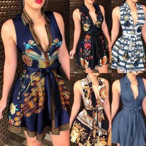 Kausale Kleider Damen Designer Sexy V-Ausschnitt Bandage Mode bedrucktes Kleid Einteiliger Rock