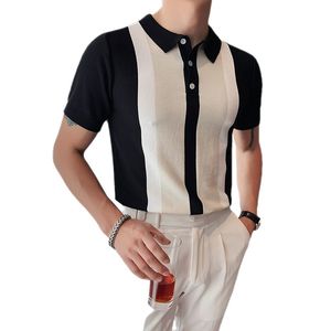 Moda masculina verão manga curta polos camisa vintage retalhos malha camisas finas casual lapela botão topos dos homens streetwear