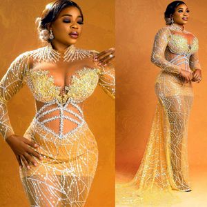 2022 Plus Size Arabic Aso Ebi Yellow Luxurious Sparkly Prom Dresses Beaded Sheer Neck Evening Formal Party Second Reception Birthday Engagement Gowns Dress ZJ668