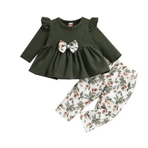 2PCSベビー服セットダークグリーンコットンの長袖のボウノットトップと葉の葉のプリントズボン服セット1043 E3