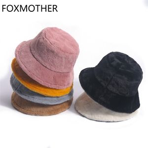 Mother Winter Outdoor Vacation Lady Panama Svart Solid Tjockat Mjuk Varm Fiske Cap Faux Fur Kanin Bucket Hat för Kvinnor 220318