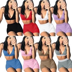 Atacado Verão Tracksuits Mulheres Outfits Sem Mangas Sexy Bra Crop Top Shorts Dois Peça Set Casual Sólido Beach Wear 2XL Fitness Sports Ternos 7255