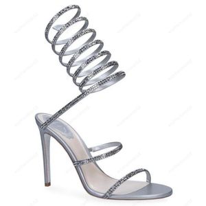 RENE CAOVILLA Cleo open toe sandals crystal embellished spiral wrap around sandals twining rhinestone sandal women Top quality silver stiletto heels shoes