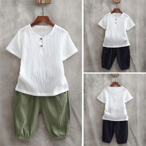 Bebek Erkek Giysileri Seti Çocuklar Yaz Kısa Kollu Tshirt Pantolon 2pieces Çocuk Giyim Seti Keten 220620