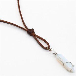 Pendant Necklaces Ironwire Woven Opal Pillar Stone Women Necklace Men Brown Genuine Leather Rope Sweater Chain 10pcs/lot Wholesale Jewelry