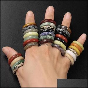 Band Rings Jewelry 4-6Mm Unisex Natural Mineral Ring Mticolor Black Green Red Agate Circle Gem Stone Finger Charms Dhgro