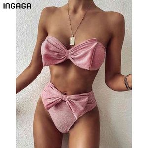 INGAGA High Waist Bikinis Swimsuits Bandeau Swimwear Women Shiny Bow Biquini Solid Strapless Bathers Bathing Suit Women 210407