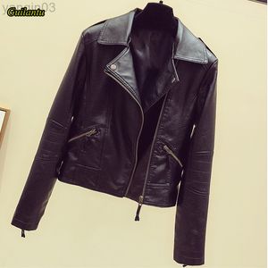 Guilantu Spring Autumn Motorcycle Faux PU Skórzana kurtka Kobiet Town-Down Collar Zipper Black Punk Streetwear Płaszcz L220801