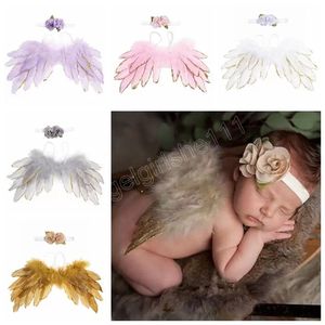 Pasgeboren fotografie Props Angel Feather Wings Flower Headband 2pcs/Set Infant Baby Cosplay Cartoon Haaraccessoires Foto Props