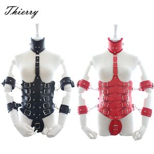 Thierry Lockdown Leather Cincher Corset, Body Bondage Straitjacket With Arm Cuffs Handcuffs Neck Collar, Harness sexy Game Toys