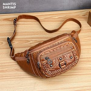 Waist PU Leather Bag Woman Belt Bags Women Brand Waist Bag for Men Vintage Pillow Belly Packets Washed Leather Unisex Phone Bag 201119
