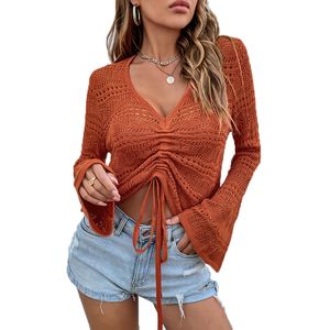 Women Blus Korean Style 2022 Spring Summer New Loose V-Neck Hollow Out DrawString Pleated Short Candy-färgade toppar