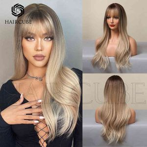 Wig Wig Top Brown Brown Gradual Gold Qi Bangs Cabelo Curly Sexy American 220527