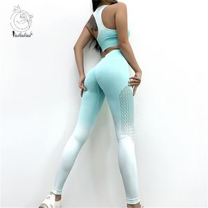 Ombre Nahtlose 2 Stück Set Frauen Anzug Gym Workout Kleidung Sport Bh Fitness Crop Top Und Scrunch Butt Leggings Yoga set LJ200815