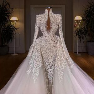 Modest Pearls Wedding Dresses Lace Appliques Beaded Bridal Gown Custom Made High Neck Long Train Wedding Gowns