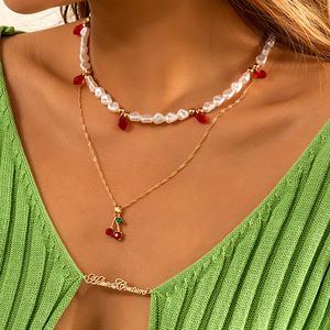 Vintage Multilayer Imitation Pearl Beaded Clavicle Necklace Women s Red Crystal Cherry Pendant Necklaces Girls Fashion Jewelry