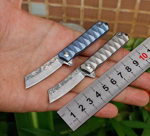 Small Flipper Damascus Folding Knife VG10 Damascus Steel Blade TC4 Titanium Alloy Handle Mini Pocket EDC Necklace knives