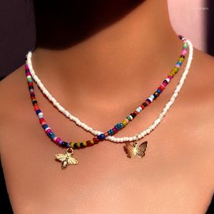 Pendant Necklaces 2 Pcs/Set Gold Bee Butterfly Beaded Necklace For Women Colorful White Acrylic Seed Bead Strand Bohemian Jewelry 2022