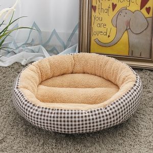 Funabky 50x12cm格子綿丸い犬のベッド洗えるペットの防水手洗いソフトミディアムS犬小屋S Mats Y200330