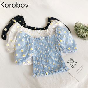 Korobov Summer Sweet Flower Women Blouses 한국 메쉬 패치 워크 퍼프 슬리브 셔츠 세련된 Kawaii Blusas Mujer 210308