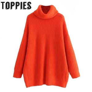 Vinterkvinnor orange färg turtleneck stickad tröja batwing ärmar överdimensionerade stickningar lj201113