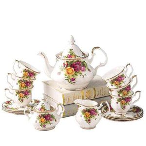 European Vintage Rose Pattern Ceramic Coffee Sets Cup Saucer Pot Fine Bone China Tea Gift Sets With Color Package