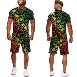 남성용 트랙 슈트 유럽 미국 스포츠웨어 3D 식물 유독 한 인쇄 된 남성 티셔츠 쇼 2 피스 세트 트랙 슈트 짧은 슬리브 의상