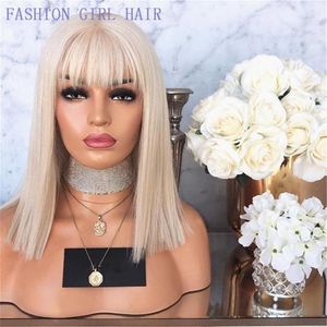 Wholesale white blonde human hair wig for sale - Group buy Short Cut X4 Bob Lace Front simulation Human Hair Wig with Bangs Blonde Color Synthetic Lace Front Wigs For White Woman269v