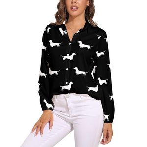 Kvinnors blusar skjortor Wiener Dog Print Blus Dachshund Silhouette Retro Grafik Kvinnor Casual Shirt Summer Long-Sleeve Overdimensionerad klädsel