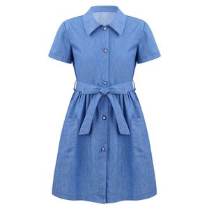 Big Girls Blue Denim Dress with Waist Belt Kids Short Sleeve Casual Girls Dress Children's Dresses Teenage Clothes 8 10 12 14 Y G220428