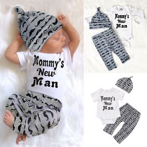 Set di abbigliamento Cute Born Baby Boy Clothes Lovely Mommy's Man Baffi Stampa Body Top Pantaloni lunghi Cappello 3PCS Set 0-18MClothing