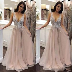 Champagne Prom Dresses Sequins Tulle Floor Length Beaded V Neck Custom Made Evening Gown A Line Graduation Party Formal Ocn Wear 401