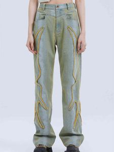 Millennium Butterfly Design Wide Leg Retro High midjan Staka byxor Gradient Wash Denim Trousers T220728