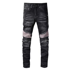 Jeans Denim Skinny Fits for Man Slim Biker Moto Hip Hop Straight Leg Vintage Distress Stretch Knee Ripped Pants Rock Long Knee