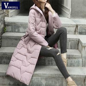 Vangull Winter Mit Kapuze Lange Frauen Parkas Jacke Schlank Warme Casual Elegante Büro Damen Parkas Verdicken Grundlegende Gürtel Zipper Mäntel 211120