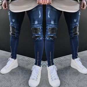 Herren-Jeans, modisches Design, gewaschen, zerrissen, zerstört, gerade, Vintage-Jeans, ausgefranst, Reißverschluss, Street-Biker-Hose, Herren