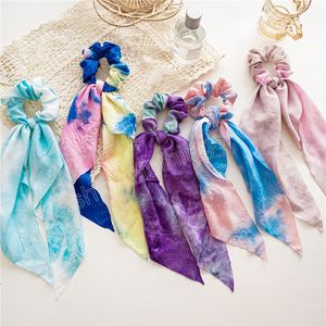 Summer Tie-Dye Ribbon Hairbands Woman Korean Scrunchies Girl Gummiband Kvinnor Hårtillbehör Ponyil Holders Holder