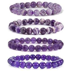 Healing Chakra Amethyst Beaded Strand Bracelets for Men Women 8MM Purple Crystal Stretch Energy Stress Relief Reiki Yoga Diffuse Jewelry
