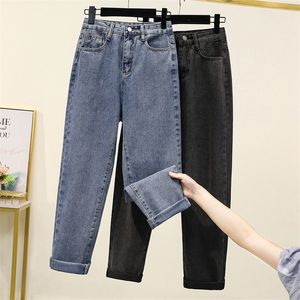 Winter Dicke Fleece Warme Lose Mom Harem Hosen Jeans Frauen Hohe Taille Casual Streetwear Weibliche Blaue Denim Hosen Plus Größe 2XL 210302