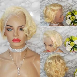 Blonde Bob-Perücke, kurze, transparente Spitze-Frontal-Perücke, Pixie-Schnitt mit brasilianischem Echthaar, vorgezupfte Perücken für Frauen