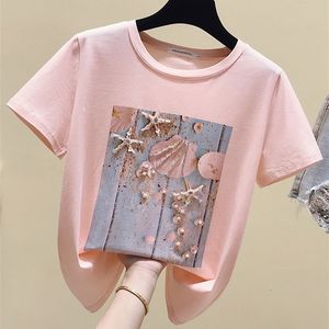 ピンクサマーTシャツの女性トップホワイトTシャツ女性韓国服半袖のカジュアルパープルスパンコールダイヤモンドティーシャツFEMME 220608