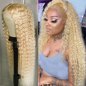 28 Inch 613 Honey Blonde Deep Wave Lace Front Human Hair Wig 13x4 Curly Glueless Synthetic Frontal Wigs for Women